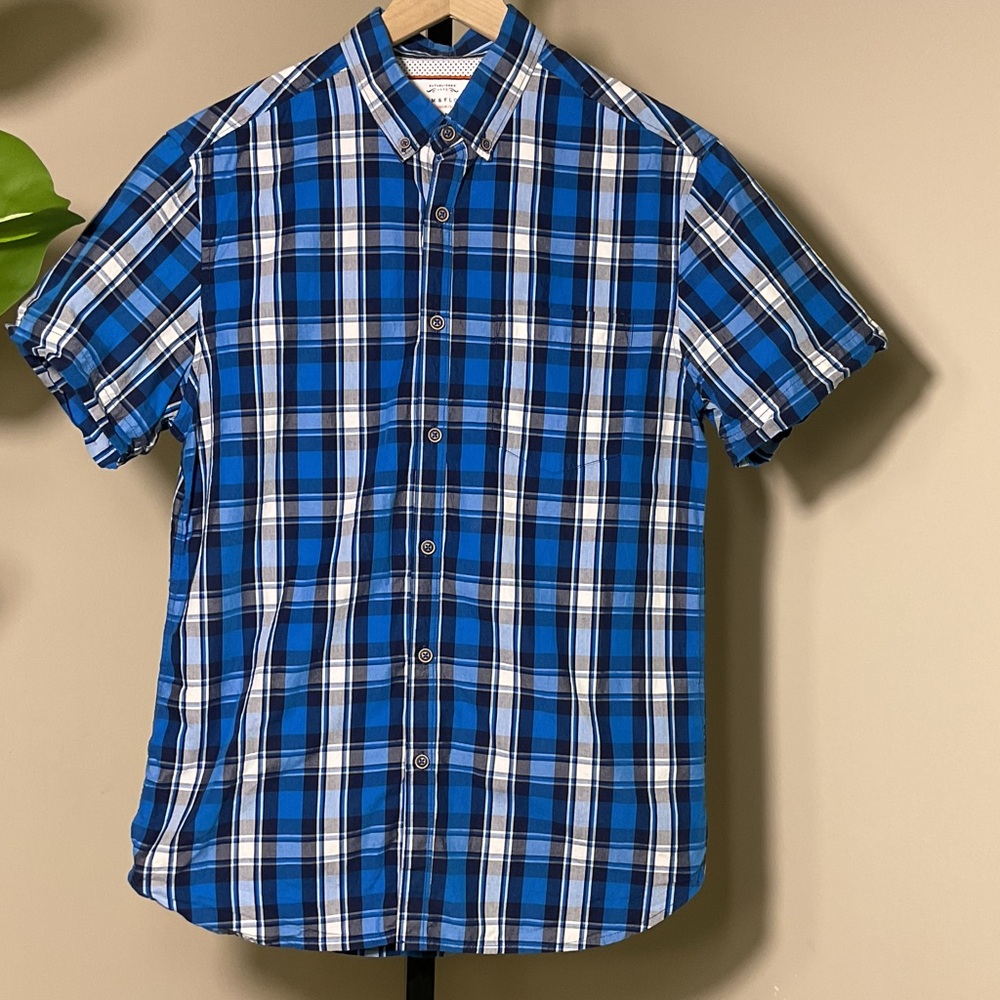 Denim & Flower Slim Fit Button Down Shirt Men Medium Blue Plaid Short Sleeve